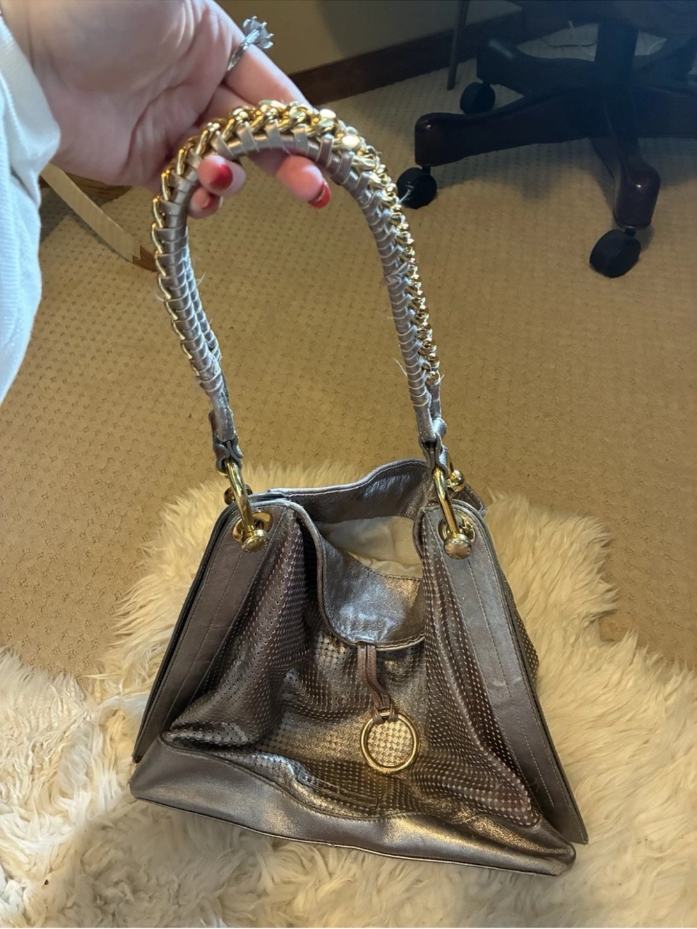 BCBG Max Azria Metallic Pewter Silver Shoulder Bag Gold Chain Handle Y2K Handbag